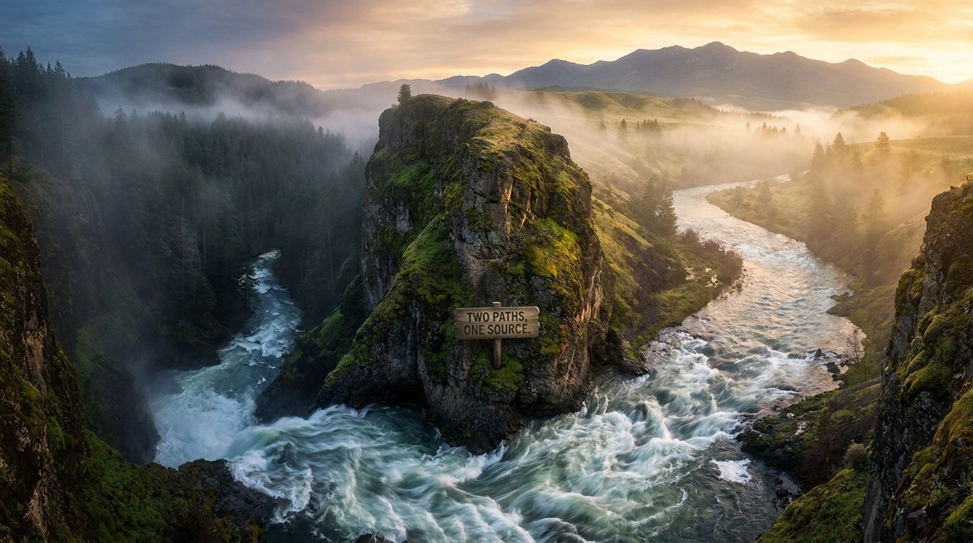 A wide-angle, dramatic photograph of a powerful river, its waters splitting into two distinct, turbulent streams around a central, ancient rock formation, each stream flowing into a different, misty landscape beyond. The scene, captured with vivid natural lighting, metaphorically represents a single source leading to two unique paths and outcomes.