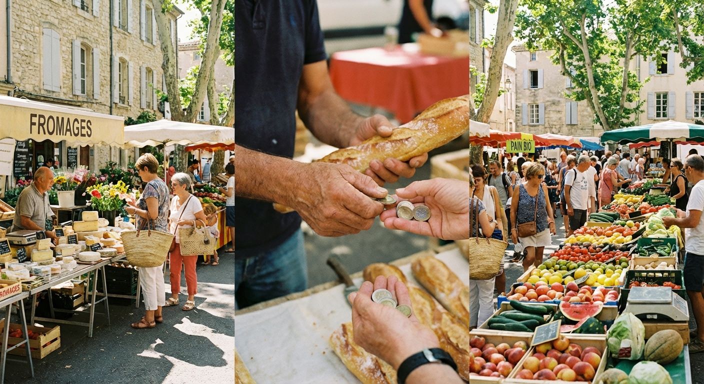 This image depicts a vibrant outdoor market scene, split into three horizontal sections. The left section showcases a cheese stall with the word "FROMAGES" above it. A vendor stands behind a table loaded with various cheeses, attending to customers. The central section focuses on the exchange of money for bread, with hands holding coins and a freshly baked baguette. The right section captures the overall market atmosphere, filled with vendors and shoppers. Colorful produce, such as tomatoes, citrus fruits, and melons, are displayed on tables. The background features European architecture with stone buildings and leafy trees. The overall style is reminiscent of a sun-drenched, candid street photograph.
