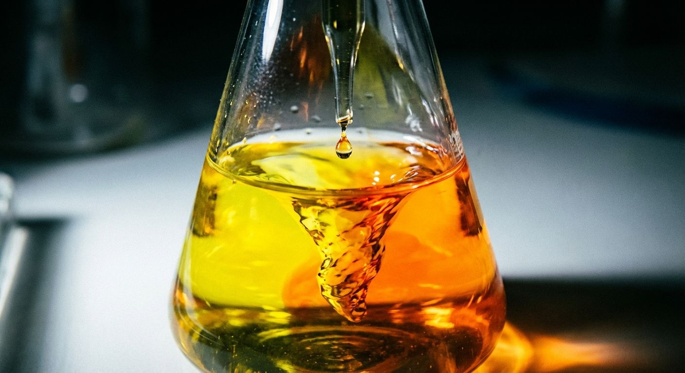 An extreme close-up, dramatic photograph captures a chemical titration in progress. A burette precisely drips liquid into a swirling conical flask, where a vibrant yellow solution is just transitioning to a striking orange, signaling the endpoint. The scene is illuminated with focused, scientific light, emphasizing the vivid color change and precision.