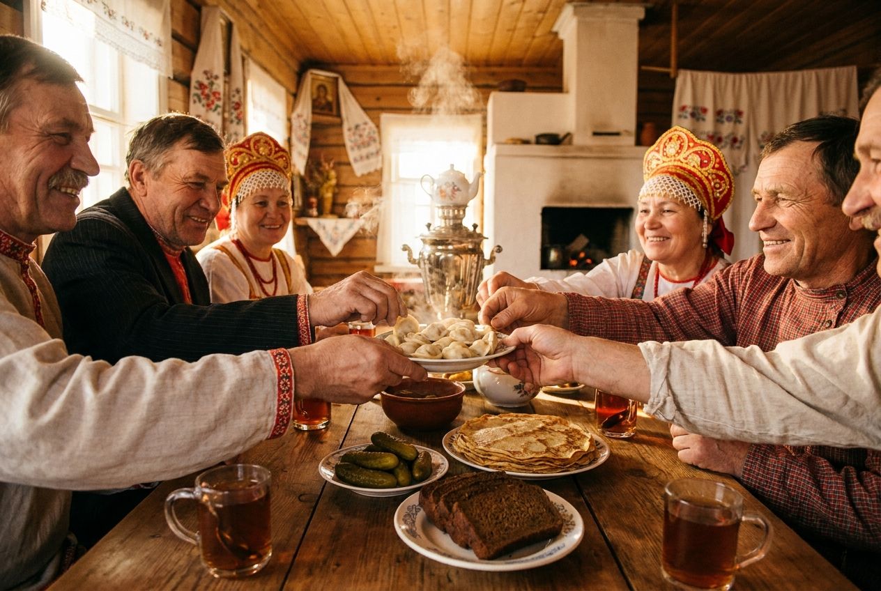 A vibrant, low-angle close-up photograph captures several smiling Russian adults gathered around a rustic wooden table, their hands reaching for shared plates of traditional snacks and tea, bathed in warm, inviting light. The scene emphasizes connection and shared activity, with subtle hints of traditional Russian decor in the background, composed for a 3:2 landscape.