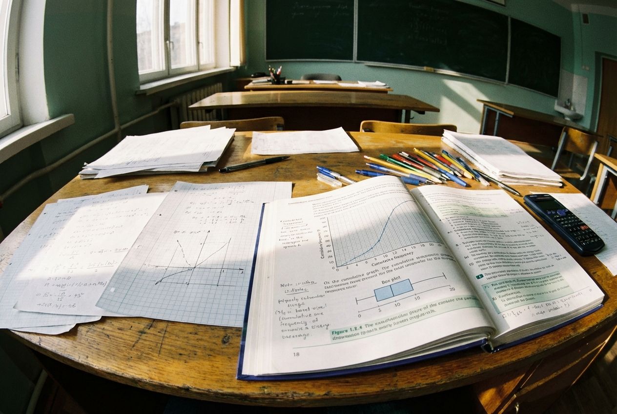 A wide-angle photograph of a classroom desk covered in handwritten notes and graphing paper, with a textbook open to a page displaying a cumulative frequency graph and a box plot diagram. Sunlight streams through a nearby window, illuminating the intricate details of the graphs and the textures of the paper and writing utensils.