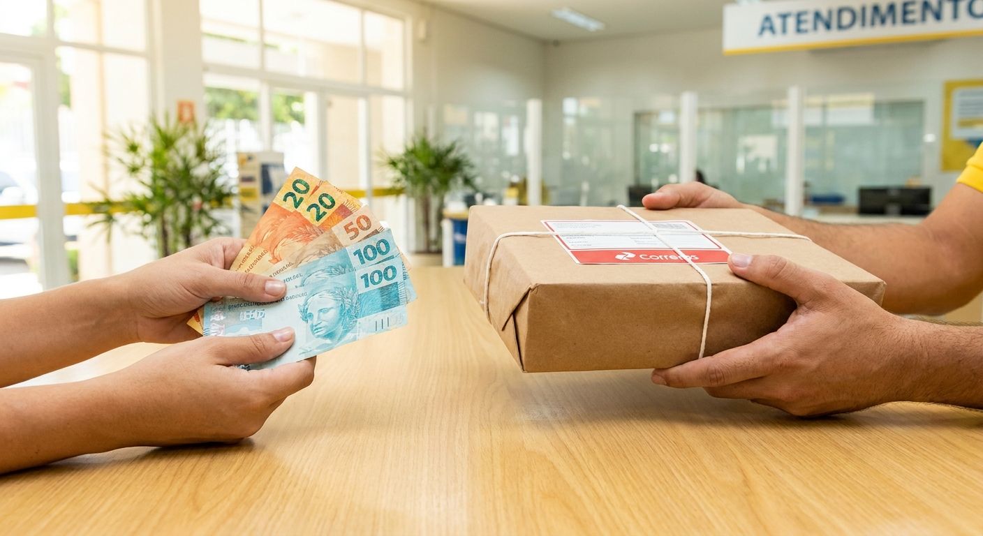 A vibrant, close-up photograph of hands exchanging a stack of Brazilian Reais and a neatly wrapped postal parcel across a clean counter, implying a transaction. The background is a softly blurred, modern interior of a Brazilian bank or Correios office, bathed in warm, natural light.