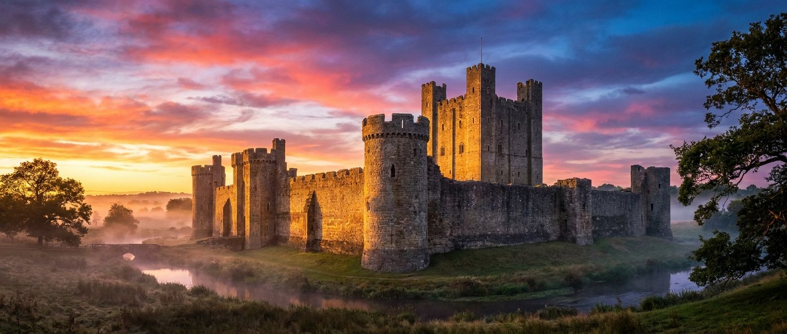 A majestic, ancient British castle stands proudly against a dramatic, colorful sky at sunrise, its enormous stone walls glowing in the golden light. This wide-angle landscape photograph captures the castle's timeless charm and grandeur, emphasizing both its objective scale and its evocative beauty.