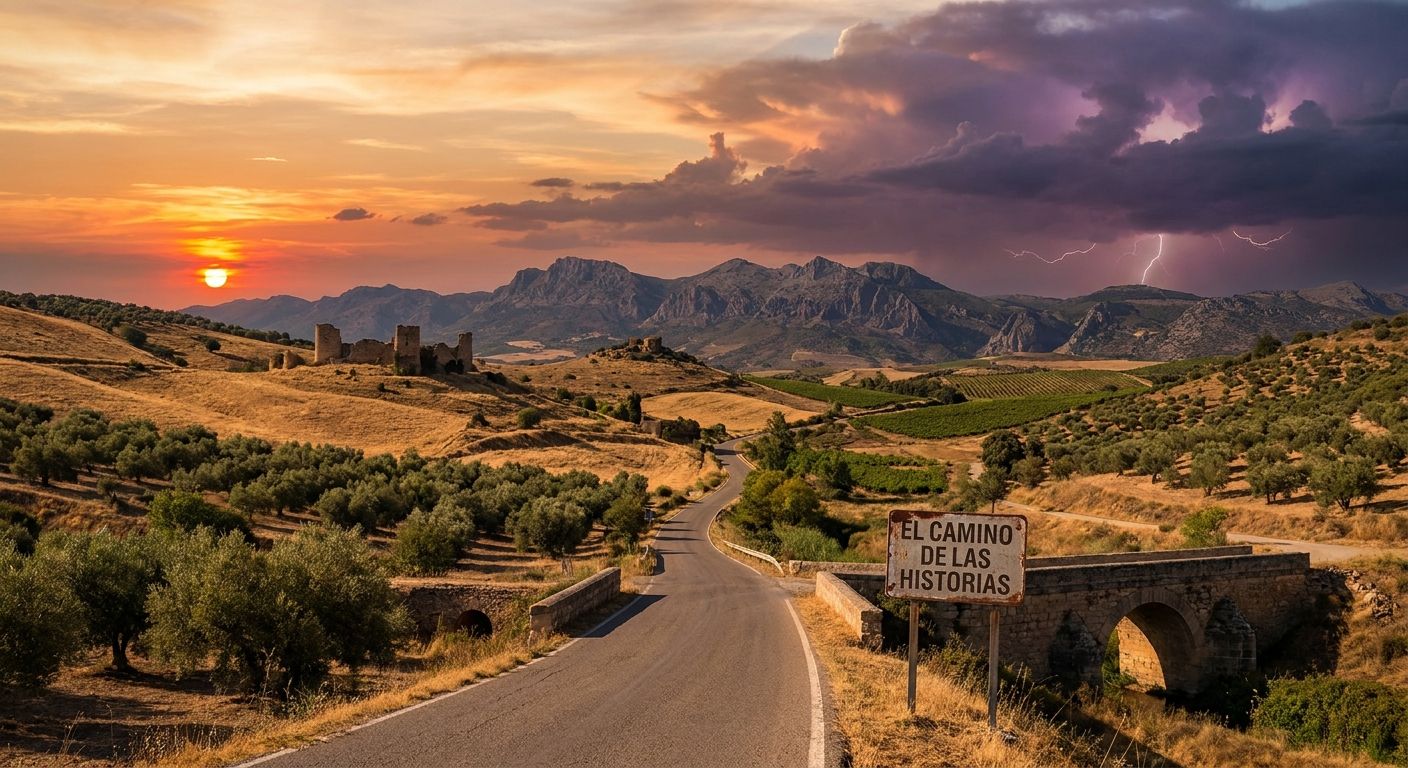 A long, winding road or train track stretches through a dramatic, diverse Spanish landscape, bathed in the golden light of a setting sun. The path leads from a clear, serene foreground towards a distant horizon where dramatic storm clouds are gathering, symbolizing the journey of a story with its various moods and unexpected turns.