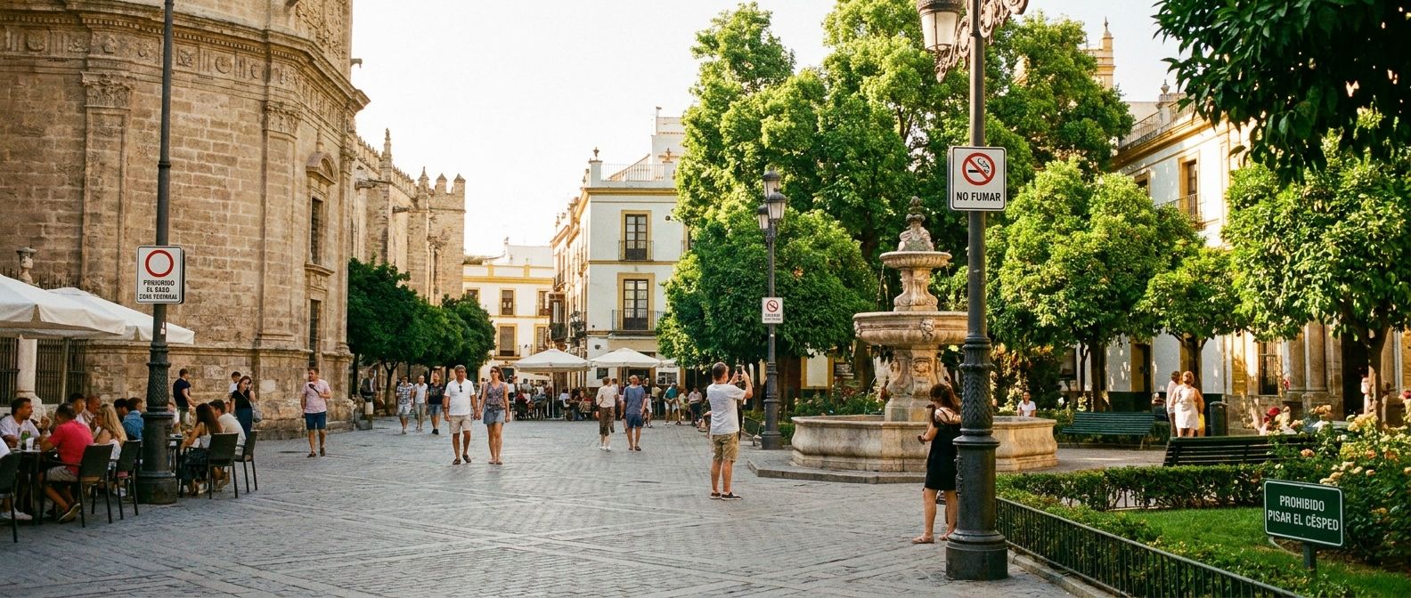 A beautiful, sun-drenched public park or plaza in a Spanish city, featuring several prominent, clearly visible signs displaying common Spanish rules and prohibitions. For instance, signs might read 'Prohibido Tocar', 'No Se Puede Fumar', or 'Se Puede Hacer Fotos', set against a backdrop of historic architecture or lush greenery, captured as a vivid, realistic photograph with a wide, horizontal composition.