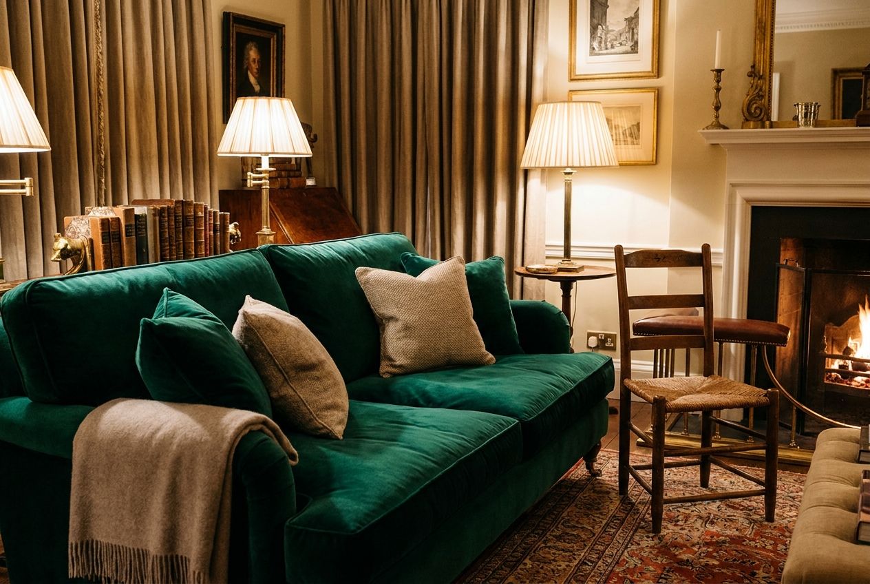 A luxurious, plush velvet sofa, deeply cushioned and inviting, stands in a warmly lit, elegant room. Next to it, a much simpler, less ornate wooden chair provides a stark contrast, subtly emphasizing the sofa's superior comfort and opulence in a dramatic 3:2 landscape photograph.