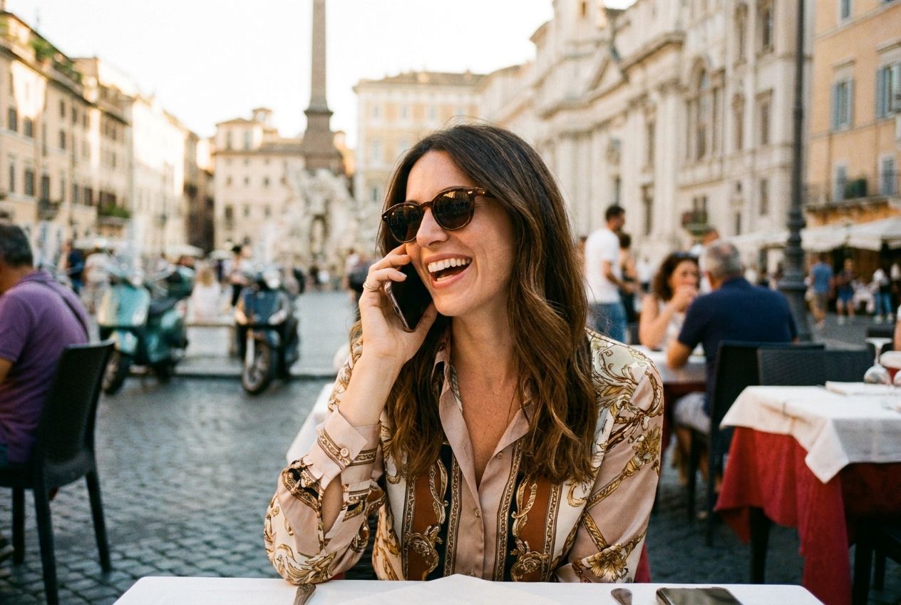 A candid, atmospheric photograph of a stylish Italian woman in her 30s, smiling as she talks on a smartphone, seated at an outdoor table of a charming trattoria in a bustling Italian piazza. The scene is bathed in warm, soft evening light, with a blurred background suggesting lively activity, captured in a 3:2 landscape.