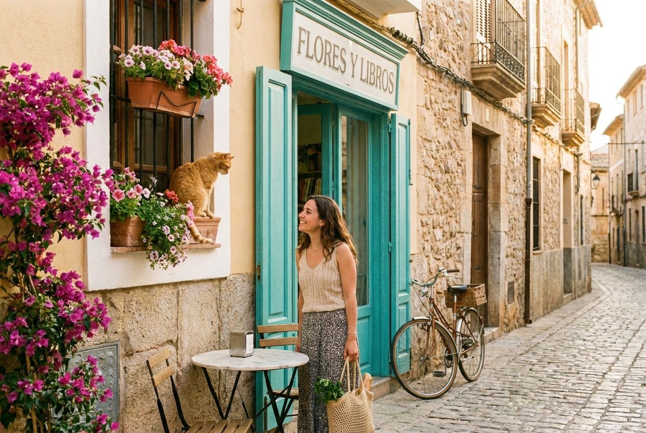 A vivid, sun-drenched photograph of a charming Spanish street scene. A ginger cat is perched on a windowsill, looking down at a person standing in front of a colorful shop door below. Next to the shop, a bicycle leans against an outdoor cafe table, all composed in a 3:2 landscape frame.