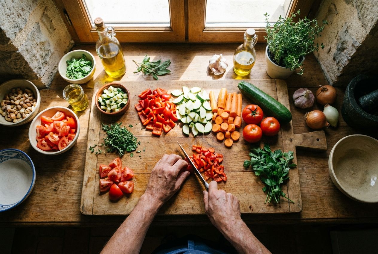 A close-up, top-down photograph of hands expertly dicing colorful fresh vegetables on a rustic wooden cutting board in a sunlit French kitchen, surrounded by other fresh ingredients. The scene evokes the art of French cooking with vibrant colors and natural textures, composed for a 3:2 landscape frame.
