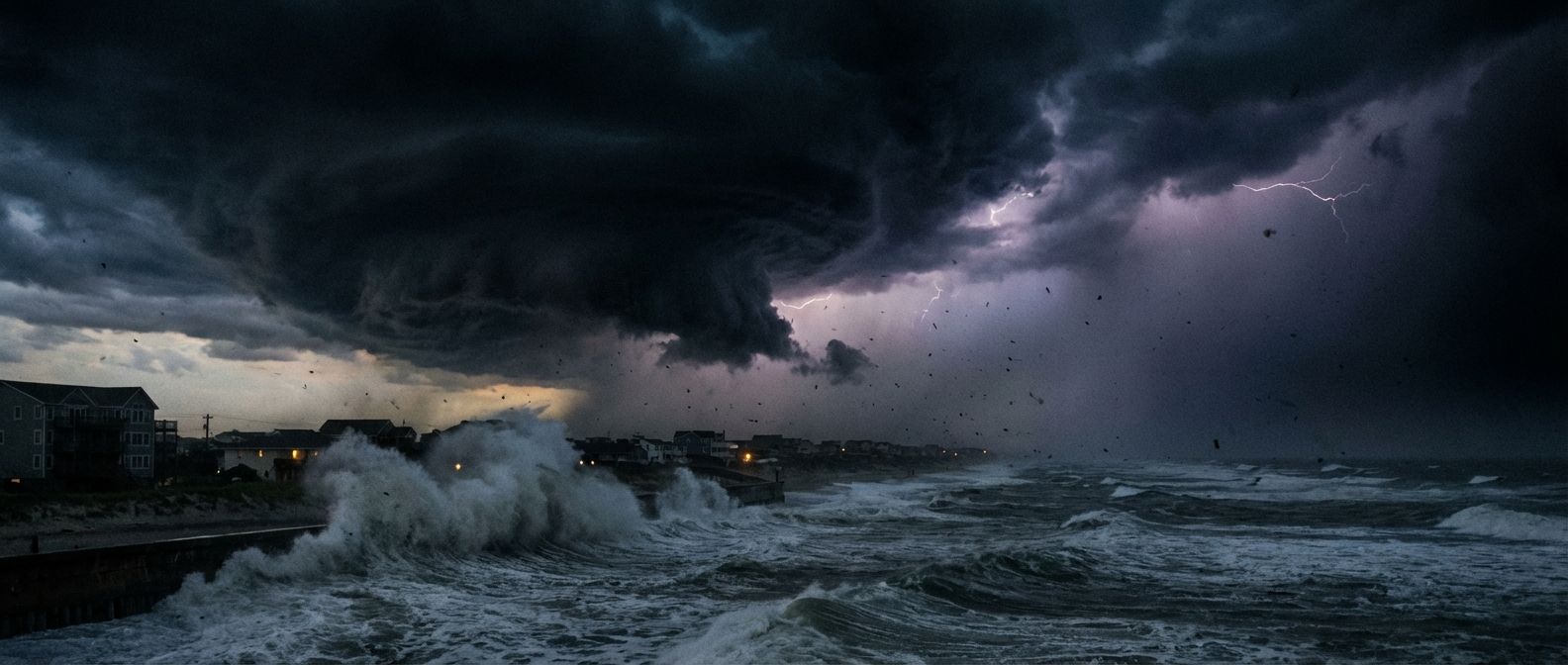 A dramatic wide-angle photograph captures the dark, swirling eye wall of a powerful hurricane approaching a vulnerable coastal town at dusk. Massive waves crash against the shore, and the few lights from the town appear dim against the overwhelming force of the looming storm, emphasizing nature's immense power against human settlements.