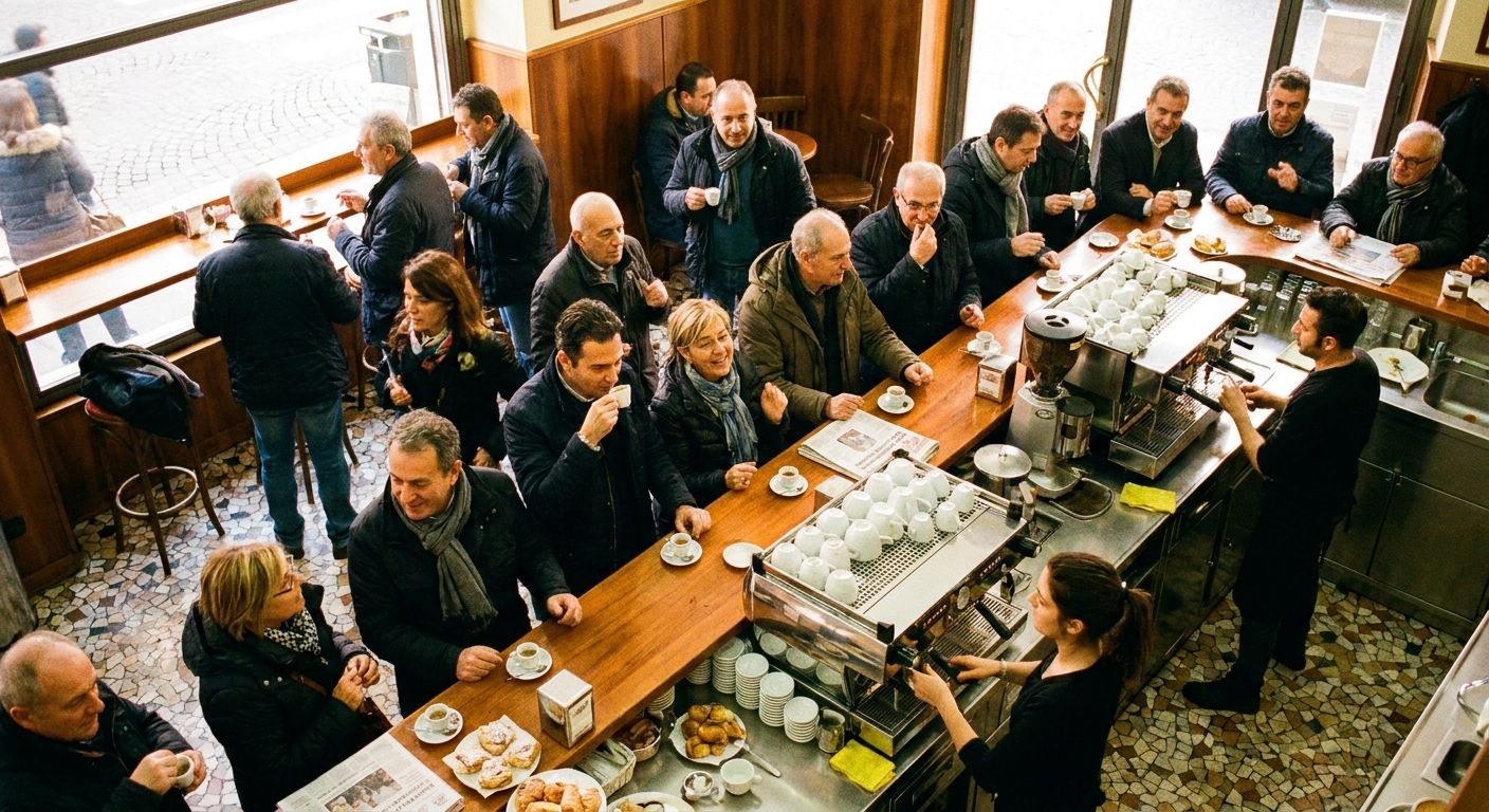 A vibrant, high-angle photograph looking down at a busy Italian bar counter, where locals are standing, sipping espresso, and chatting animatedly. The scene is filled with warm morning light, showcasing polished wood, gleaming coffee machines, and the social energy of everyday Italian life.