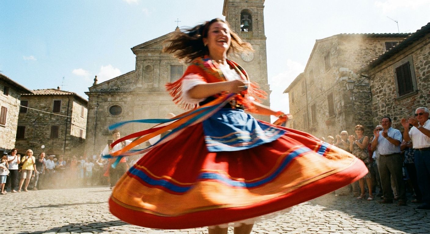 A dynamic, low-angle photograph capturing an Italian Tarantella dancer mid-twirl, their traditional costume a blur of vibrant colors and movement, set against a sun-drenched, rustic Italian backdrop, evoking immediate, passionate action.