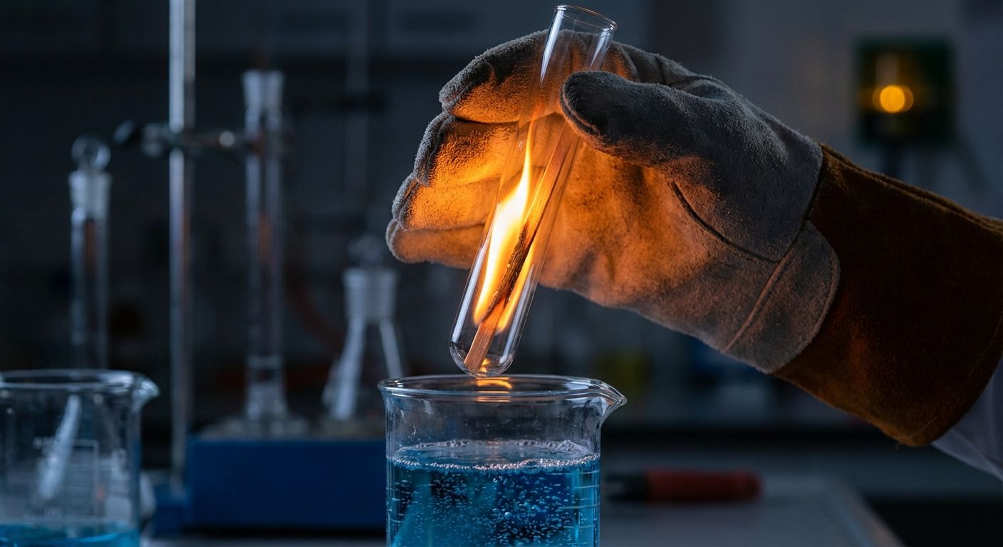 A dramatic close-up photograph of a glowing wooden splint flaring brightly inside an inverted glass test tube, held by a gloved hand, indicating the presence of oxygen gas, with subtle bubbles rising from an aqueous solution below in a dimly lit science laboratory.