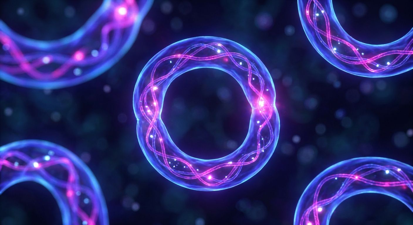 A striking, vibrant macro photograph captures numerous translucent, glowing circular forms, subtly intertwined and multiplying, reminiscent of bacterial plasmids undergoing rapid reproduction. The forms are bathed in deep blues and purples, with bright highlights suggesting intricate genetic activity and transformation, set against a dark, softly blurred background.