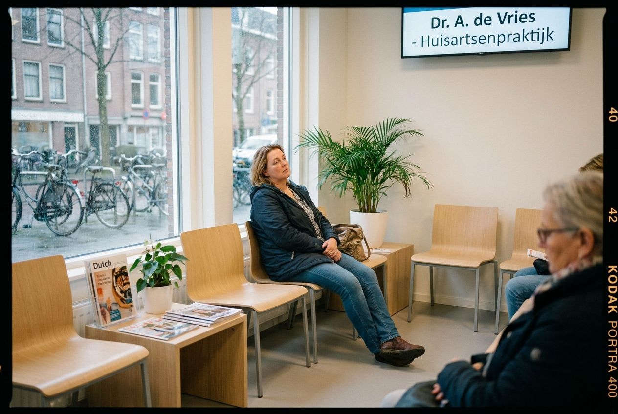 A candid photograph of a woman looking slightly weary, sitting in a brightly lit, modern general practitioner's waiting room in the Netherlands. Soft natural light streams through a window, illuminating the clean, minimalist interior. The image captures a quiet moment of anticipation, composed for a 3:2 landscape.