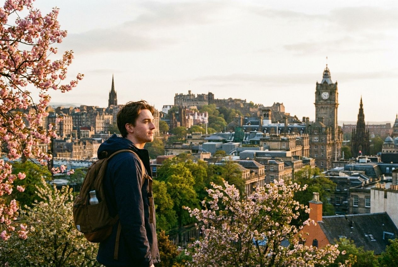 A lone traveler stands at a scenic viewpoint overlooking Edinburgh in spring, contemplating their next step with a thoughtful expression. The city's historic architecture and blossoming trees are visible in the background under soft, ambient light, composed as a vivid and striking photograph for a 3:2 landscape frame.