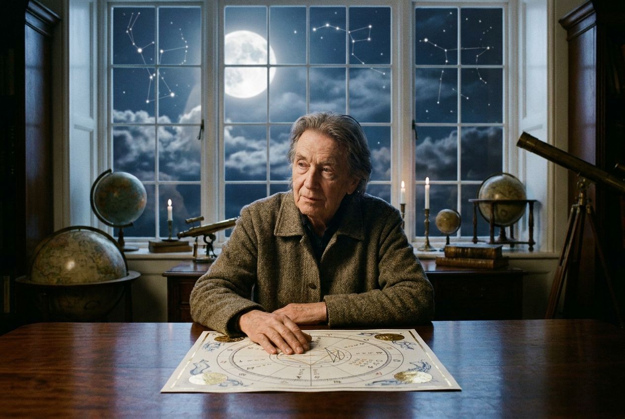 A thoughtful astrologer, a person with a calm and wise expression, sits at a polished wooden table, gently touching a beautifully detailed celestial map or natal chart. In the background, a dramatic night sky with a luminous full moon and visible constellations fills a large window, creating a serene and mystical atmosphere. The scene is bathed in soft, ethereal light, captured as a vivid, realistic photograph in a 3:2 landscape.