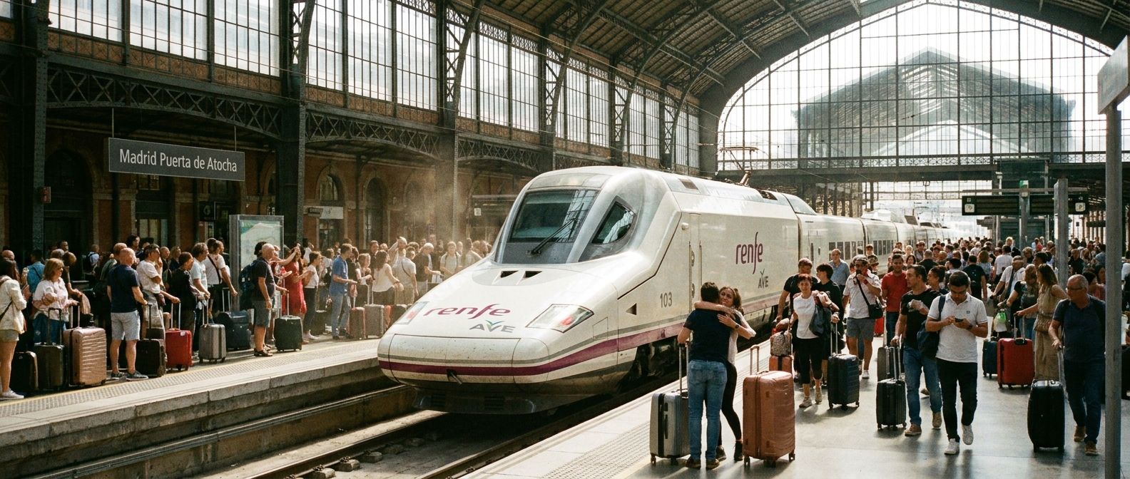 A wide-angle, cinematic photograph of a high-speed train pulling into a modern, sunlit train station in Spain, like Madrid Atocha. Travelers with stylish luggage are on the platform, some looking towards the train, others walking, conveying the dynamic energy of connections, arrivals, and departures.