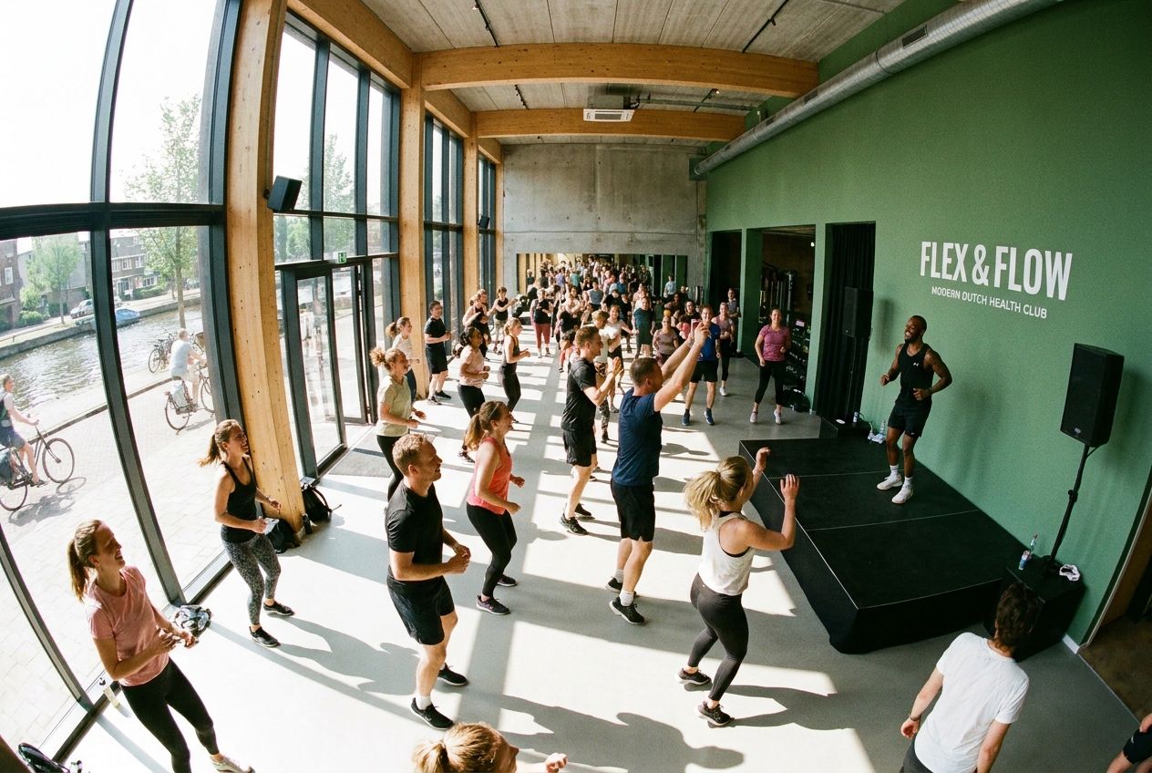 A dynamic wide-angle photograph inside a modern, spacious fitness club in the Netherlands, showing diverse individuals enthusiastically participating in a group class, with bright natural light illuminating the active scene. The atmosphere is energetic and welcoming, composed for a 3:2 landscape.
