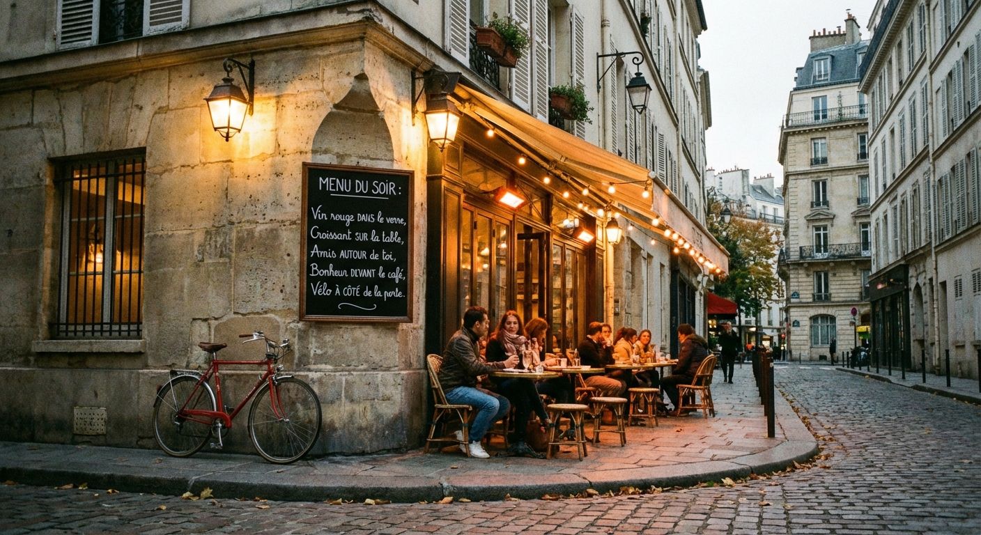 This is a photograph capturing a street corner cafe in Paris, exhibiting a warm, inviting ambiance. The architectural style is distinctly European, with light stone buildings and classic window shutters. People are seated at outdoor tables, enjoying food and conversation. Warm lighting emanates from the cafe's awning, lanterns, and interior, creating a cozy atmosphere that contrasts with the muted gray tones of the sky and surrounding buildings. A red bicycle leans against the building. The street is paved with cobblestones, adding to the old-world charm. Overall, the image evokes a sense of relaxation and enjoyment of Parisian life.
