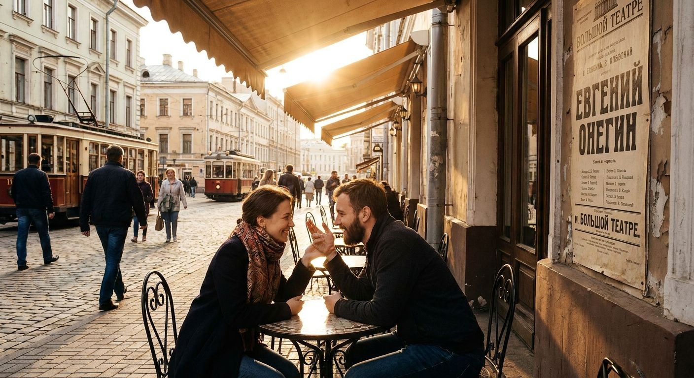 A candid, sun-drenched photograph captures two people deeply engrossed in conversation, leaning across a small, ornate cafe table in a bustling Moscow street. A vintage Russian opera poster is visible on the wall behind them, subtly hinting at the topics of discussion.
