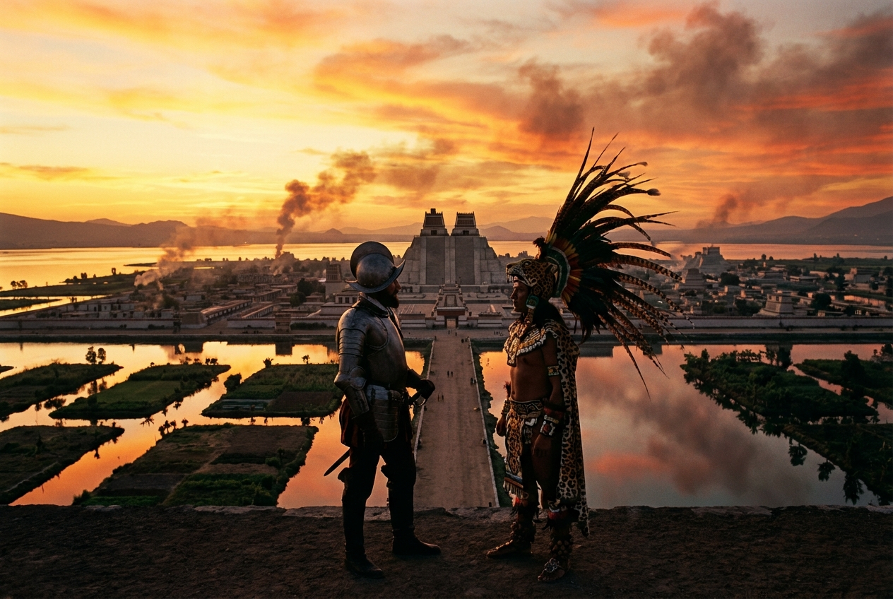 A dramatic, wide-angle photograph capturing the awe-inspiring scale of Tenochtitlan, the Aztec capital, with its towering temples and intricate floating gardens, under a dramatic, golden dawn sky. In the foreground, a Spanish conquistador in shining armor stands on a causeway, facing an Aztec noble adorned with vibrant feathers, their forms silhouetted against the magnificent city, evoking a powerful encounter and clash of civilizations in a 3:2 landscape.