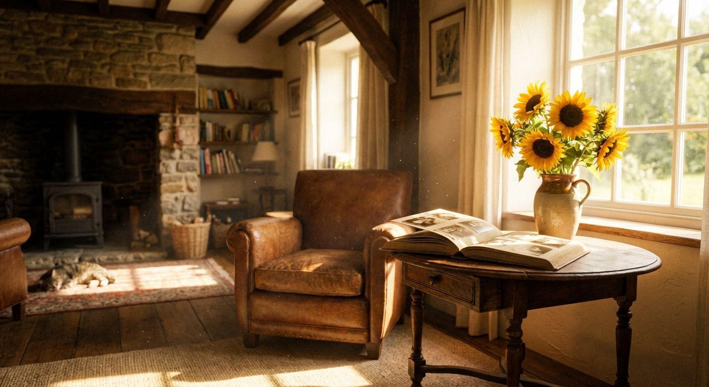 This is a warmly-lit, cozy interior scene. The style is reminiscent of a rustic cottage, featuring exposed wooden beams and a stone fireplace with a wood-burning stove. A worn leather armchair sits prominently in the room. The colors are dominated by warm tones: browns, tans, and yellows. Sunlight streams through a window, illuminating a round wooden table with a vase of sunflowers and an open book on top of it. The composition focuses on a sense of lived-in comfort, with elements like the bookshelves, rug, and sleeping cat contributing to the inviting atmosphere. The scene exudes a sense of peace and relaxation.