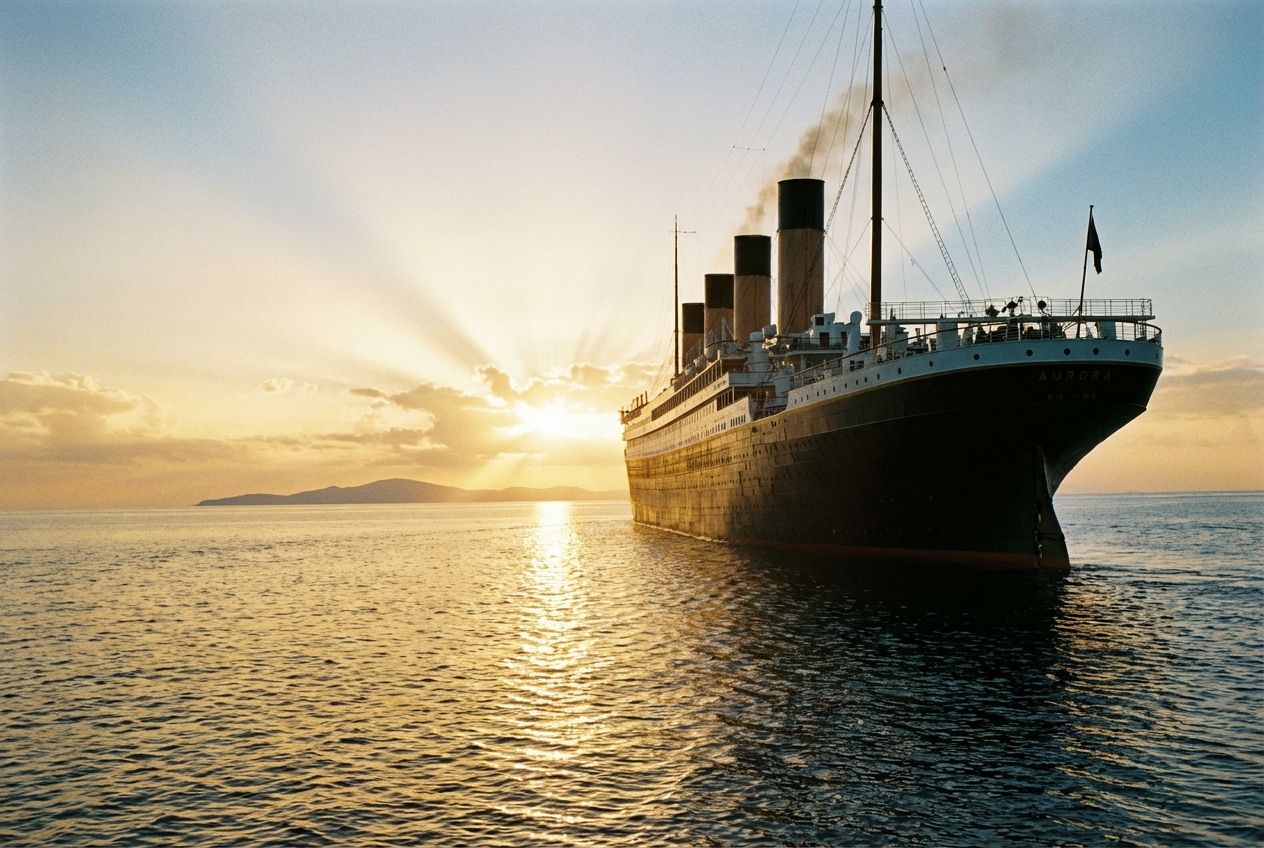 A grand passenger ship navigates through calm, open ocean waters at sunrise, with the sun's golden rays striking the water, creating a clear sense of direction and a vast journey ahead. A distant island or coastline is subtly visible on the horizon. Shot from a low angle, emphasizing the ship's scale and the expanse of the sea, in a dramatic 3:2 landscape photograph.
