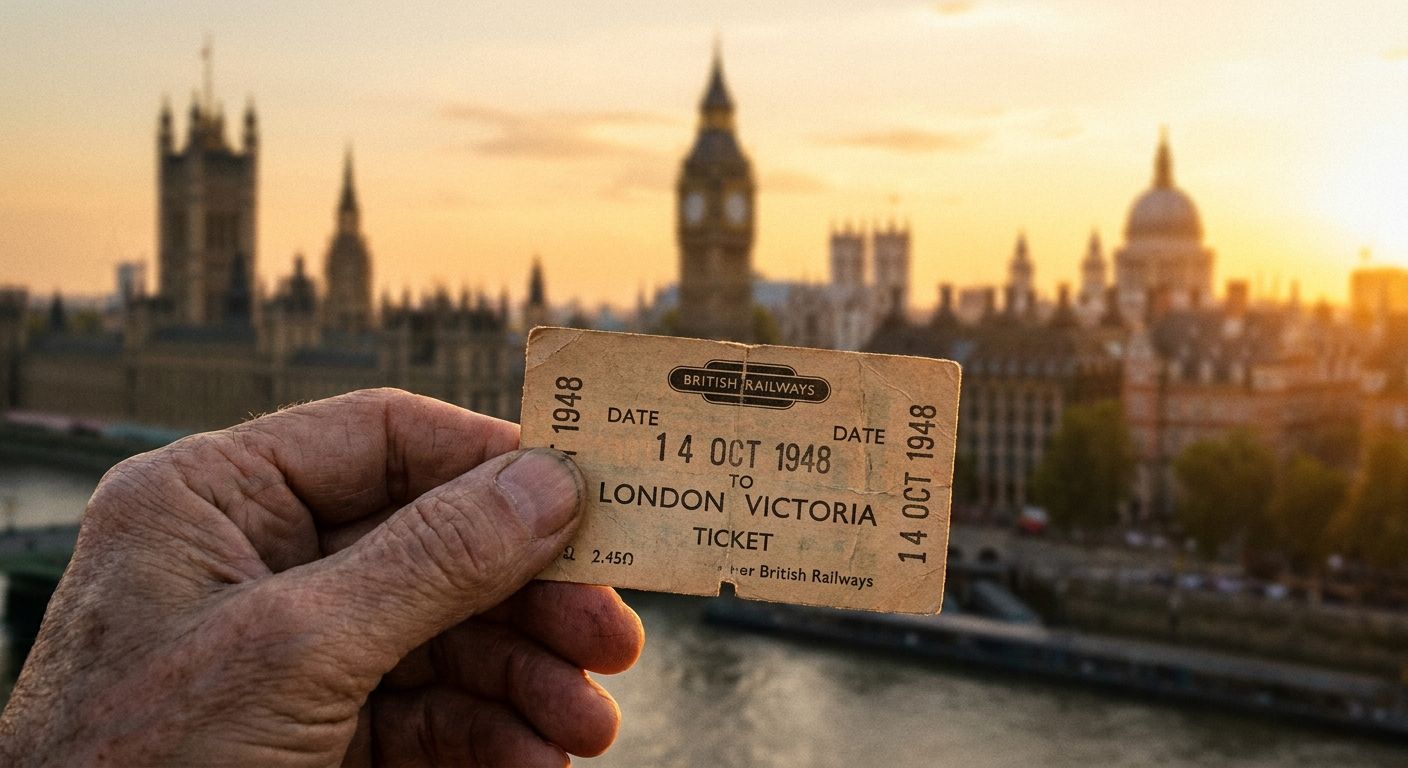 A close-up shot of a hand holding a vintage paper train ticket, with a specific date clearly visible. In the background, out of focus but recognizable, the iconic London skyline is bathed in the warm, soft light of a golden hour sunset, conveying a sense of both general travel experiences and distinct, dated memories.