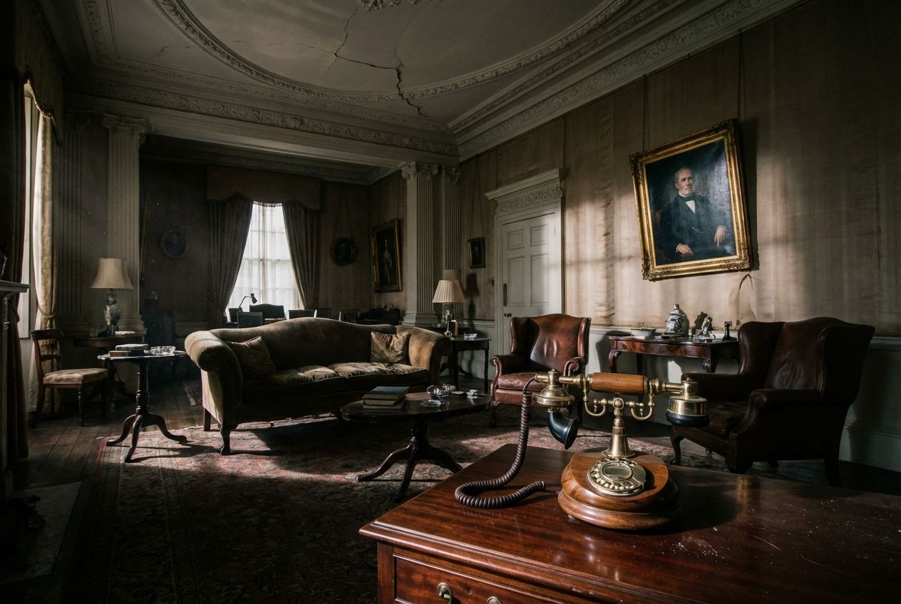 A dramatic, dimly lit photograph of an opulent Edwardian drawing-room, composed for a 3:2 landscape. Long, deep shadows stretch across expensive, antique furniture. In the foreground, an ornate, brass-and-wood antique telephone sits on a polished table, its receiver slightly askew, hinting at a recent disturbance or an imminent, unsettling call. A subtle crack in the grand plaster ceiling or a slightly tilted painting on the wall suggests an underlying instability within the lavish setting.