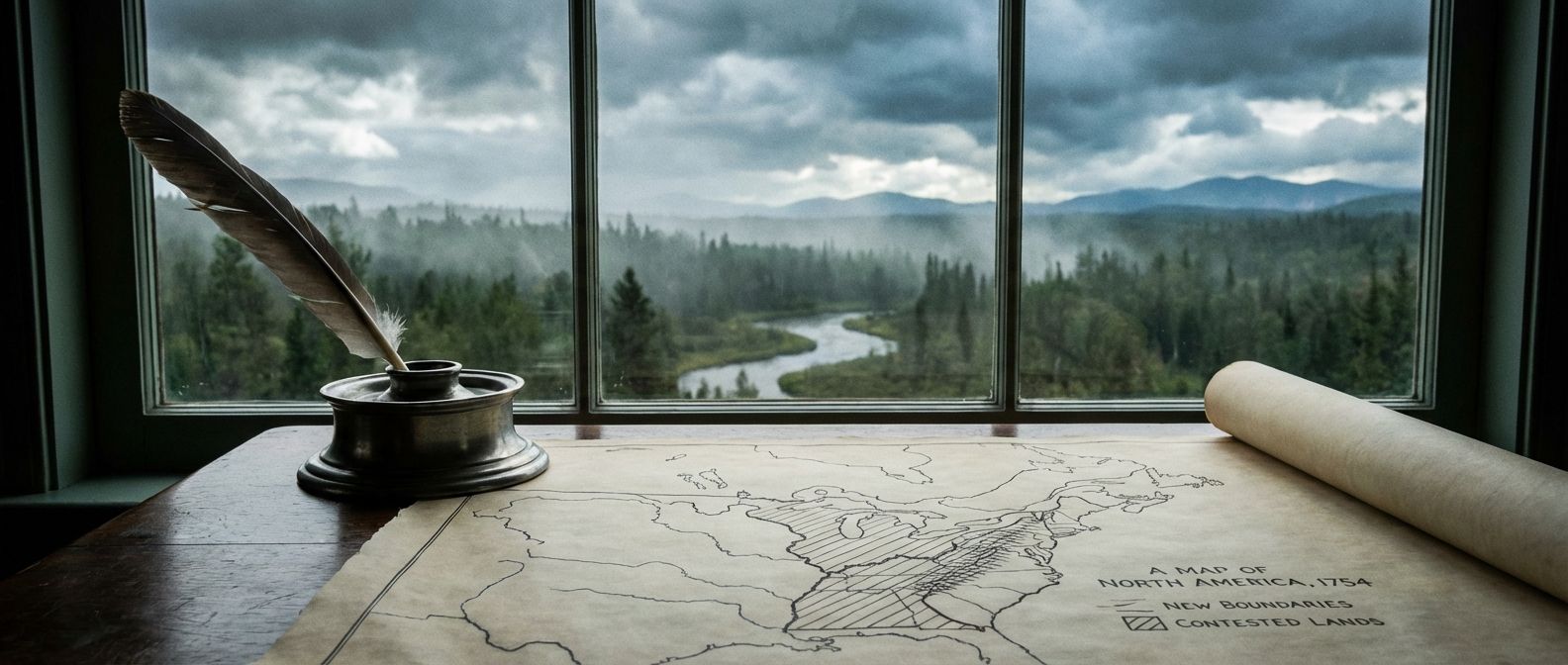 A wide-angle, dramatic photograph of a colonial-era desk by a window, featuring a quill, inkwell, and a partially unfurled, hand-drawn map of North America depicting newly drawn boundaries and contested territories. Beyond the window, a misty, untamed frontier wilderness stretches into the distance under a dramatic sky, evoking the Ohio River Valley or Appalachian Mountains.