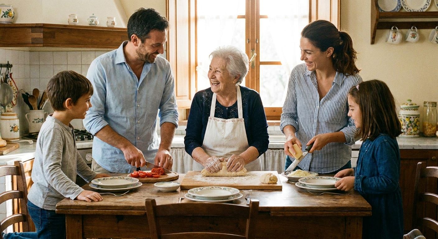 A warm, authentic photograph of an Italian family gathered around a kitchen island, actively preparing a traditional meal together. Hands are busy chopping vegetables, kneading dough (implying flour is needed), and setting a rustic table, with a sense of lively conversation and shared purpose in a sunlit kitchen.
