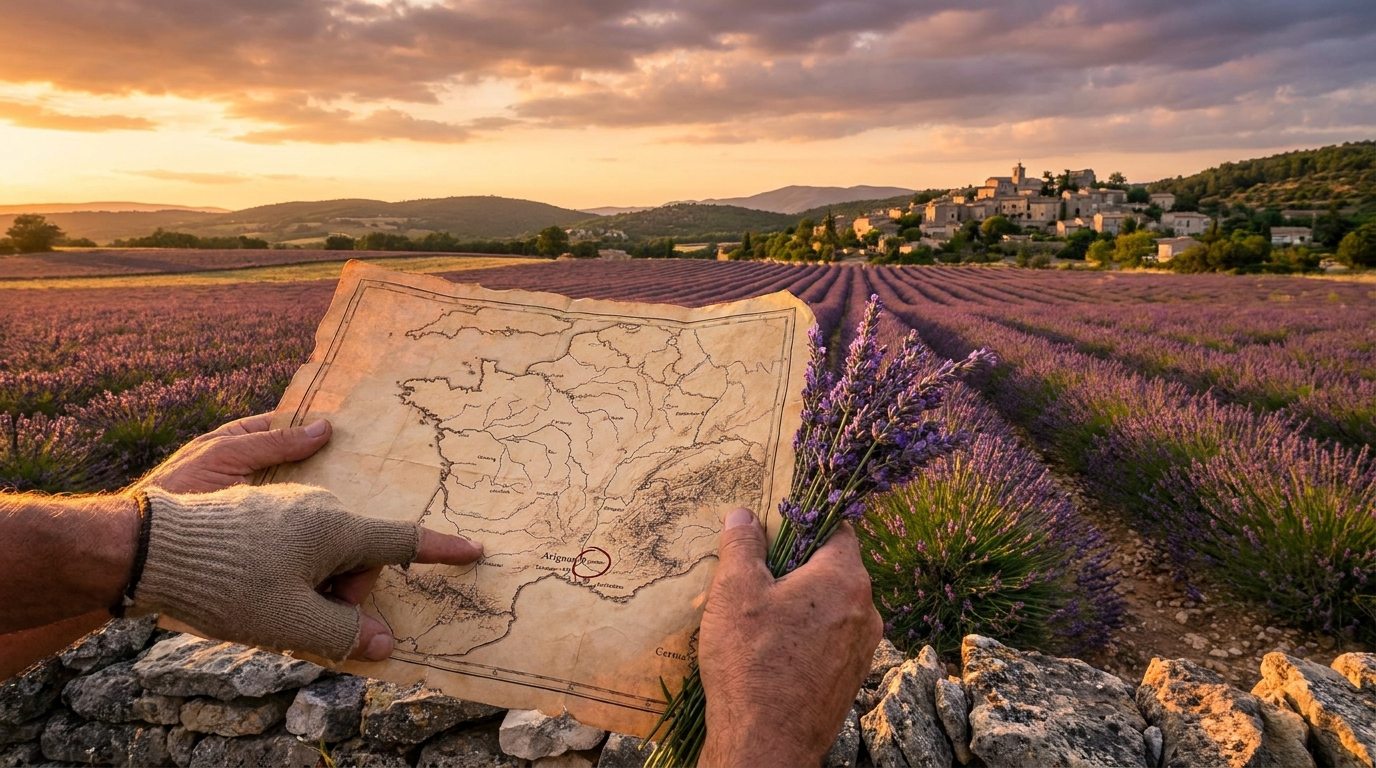 A dramatic, wide-angle photograph capturing a pair of hands at a decision point in a beautiful French landscape. One hand points to a specific location on an antique map of France, while the other gently gathers a handful of fragrant lavender from a sprawling field under a soft evening light, symbolizing the choice between a destination and a quantity.
