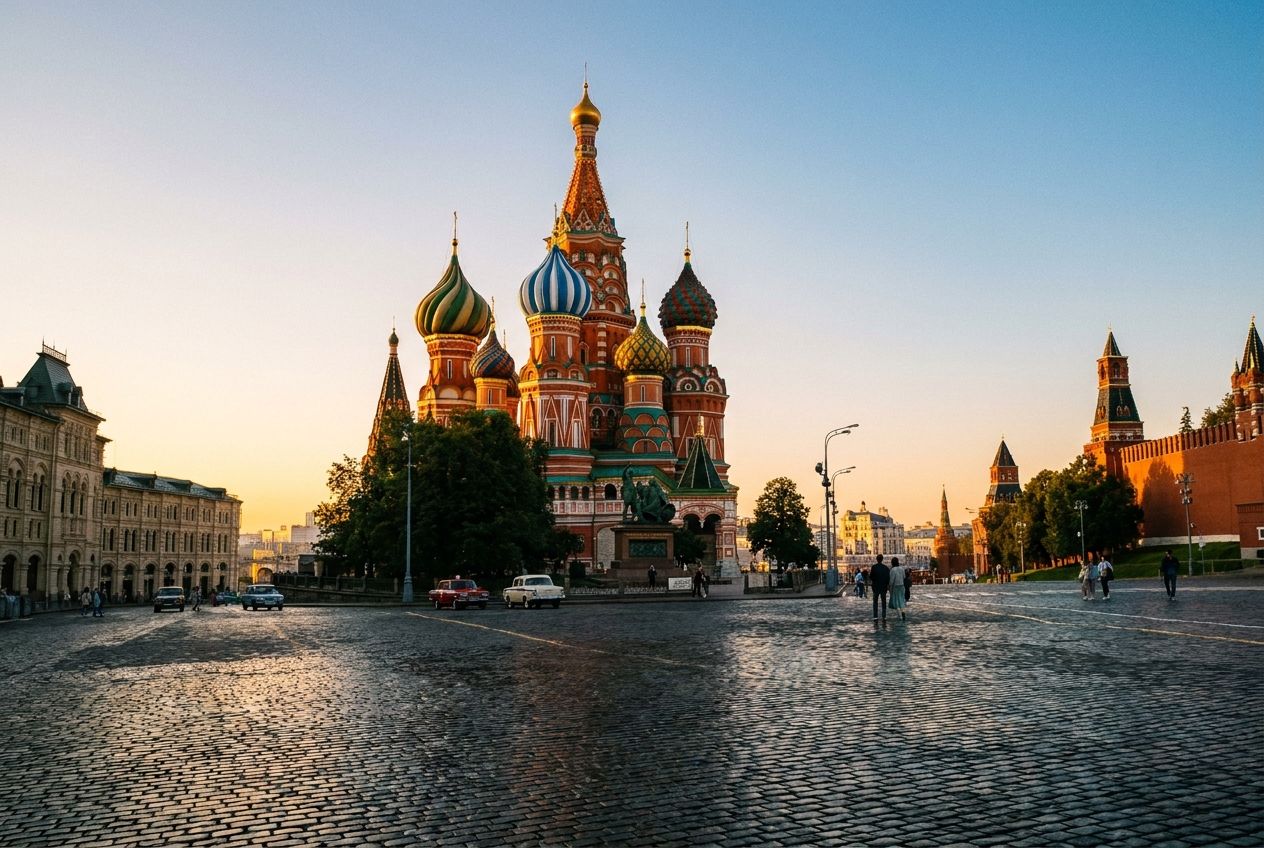 A dramatic wide-angle photograph of St. Basil's Cathedral in Moscow's Red Square, bathed in the golden light of sunrise, its iconic colorful domes prominent against a clear sky. The scene should be vivid and striking, composed for a 3:2 landscape frame.