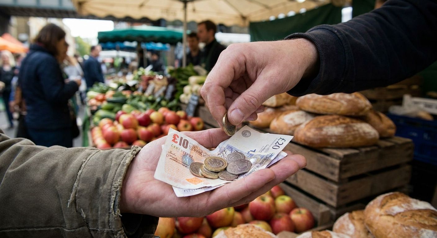 A close-up, vivid photograph of a shopper's hand holding British pound notes and coins, possibly receiving change, at a vibrant outdoor market stall in the UK. In the softly blurred background, colorful fresh produce like apples and artisanal bread are visible on display, under bright natural daylight, creating an authentic and lively atmosphere.