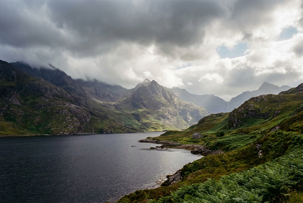 A dramatic, wide-angle photograph of a serene Scottish loch, with rugged, misty mountains rising majestically from its dark waters. The scene should convey the raw beauty of the Scottish Highlands, with hints of green foliage on the slopes, under a striking, cloudy sky, composed for a 3:2 landscape frame.