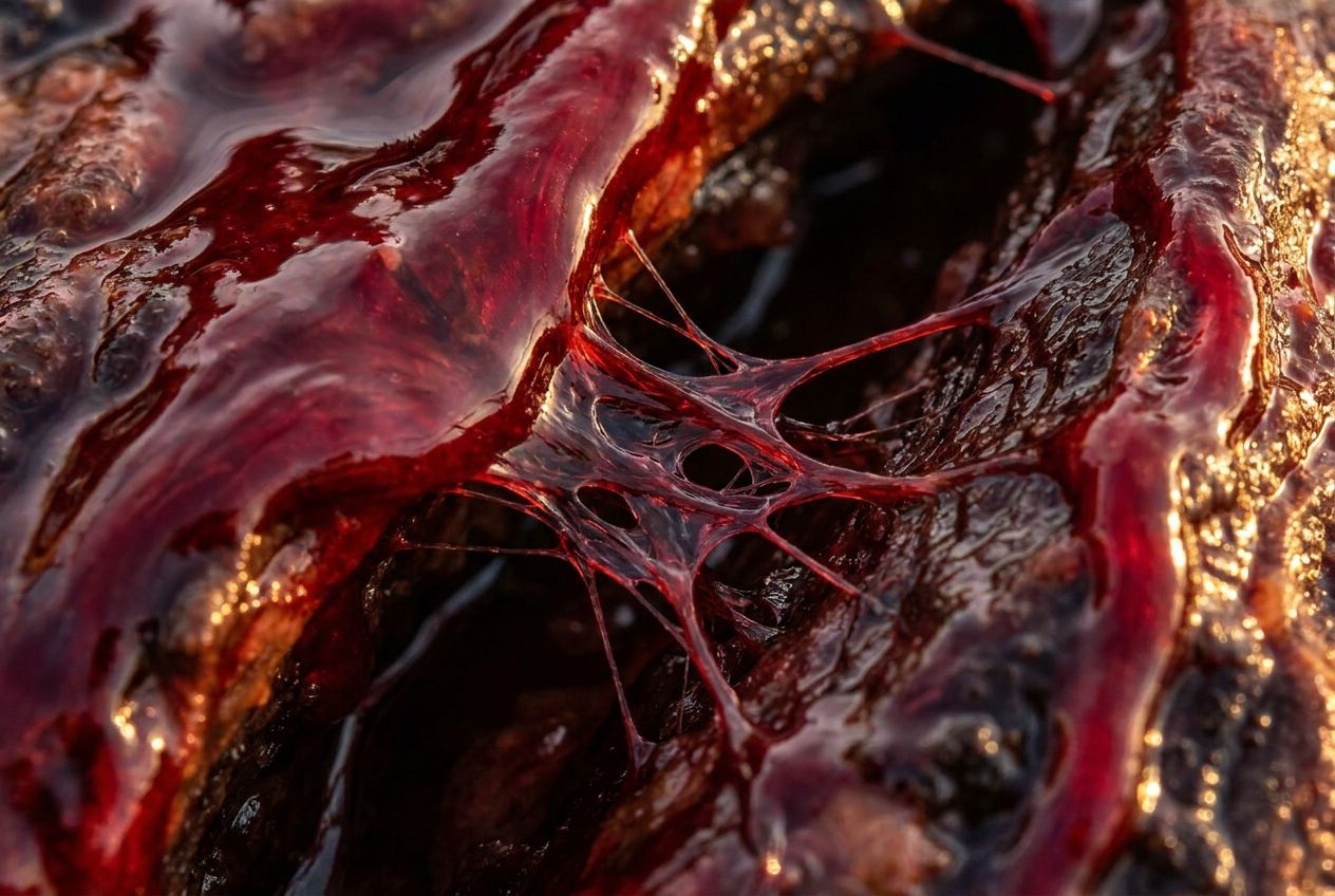 A dramatic, extreme close-up photograph of a flowing, viscous, deep red liquid, reminiscent of blood, with intricate, fibrous structures actively weaving and forming a protective mesh or barrier across a subtle opening. The scene is intensely lit, highlighting the dynamic interaction and texture, composed for a 3:2 landscape frame.