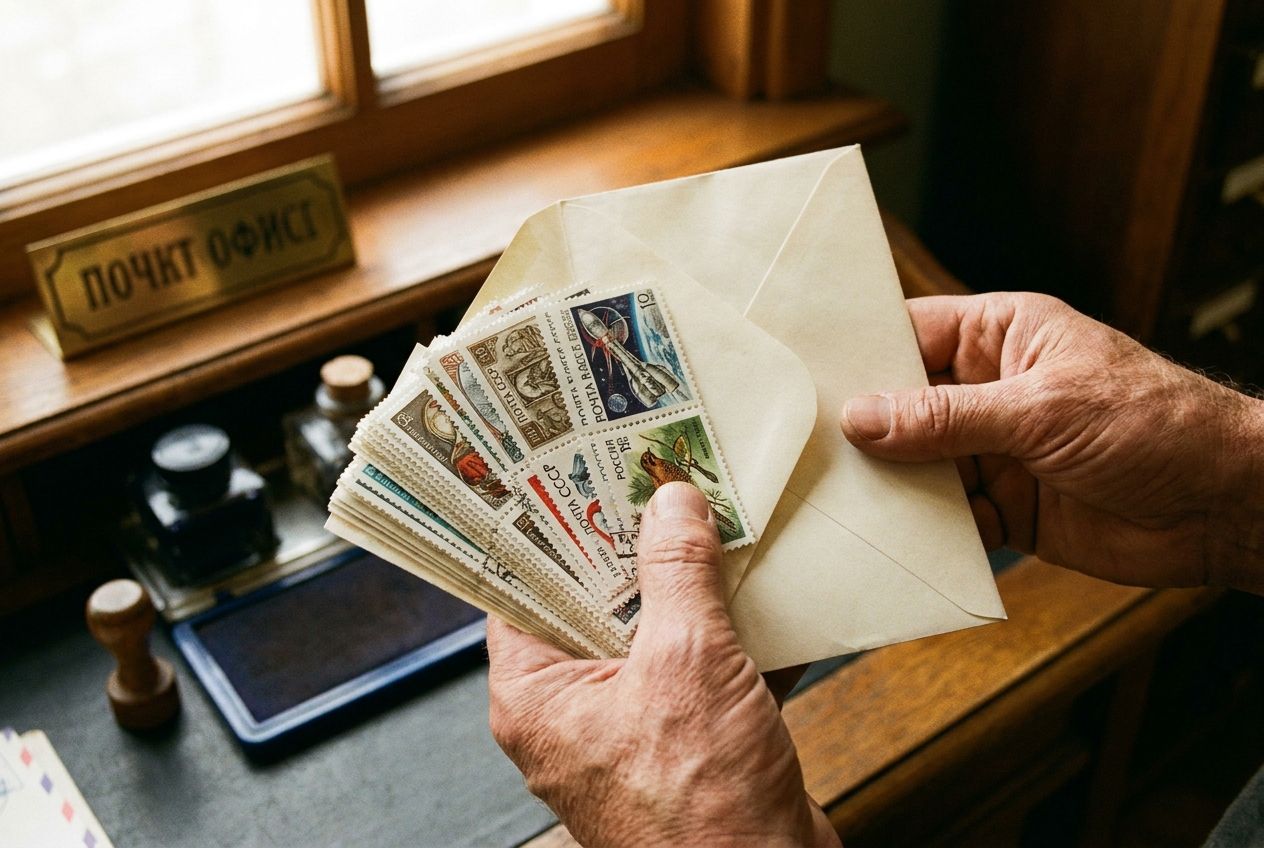 A close-up shot of a person's hands holding a stack of crisp Russian postage stamps and an unsealed envelope, with a vintage wooden post office counter slightly blurred in the background. Warm, directional light highlights the textures of the paper and the intricate details of the stamps, composed for a 3:2 landscape frame.