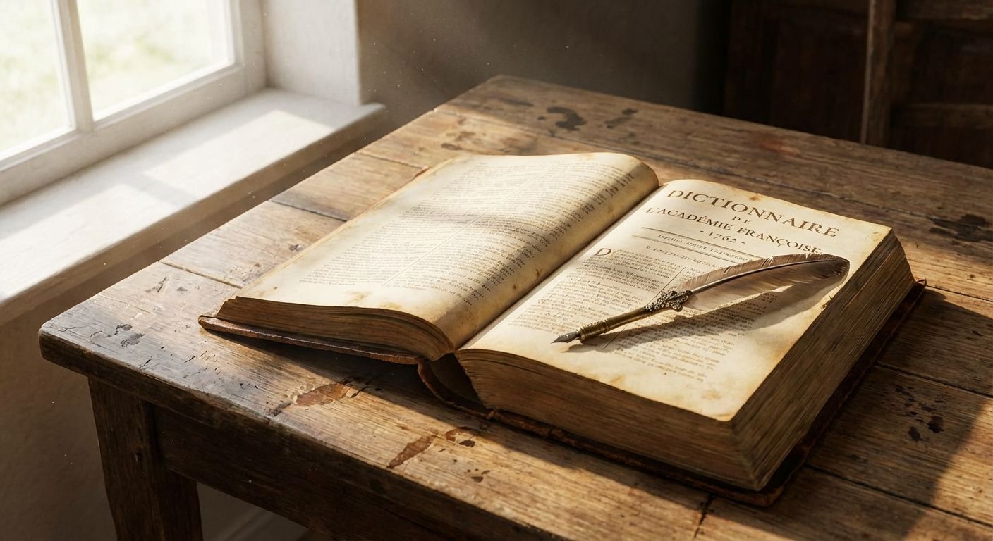 The image is a still life with a vintage, academic feel. An old, open book, identified as a French dictionary from 1762, rests on a worn wooden table. Atop the book lies a feather quill with a decorative bronze pen holder. Sunlight streams in from a window to the left, casting highlights and shadows that accentuate the textures of the aged paper and rough wood. The color palette is dominated by warm tones of cream, brown, and gold. The composition is relatively simple, focusing on the book and quill as the central subjects, set against the backdrop of the weathered table and the soft light from the window.