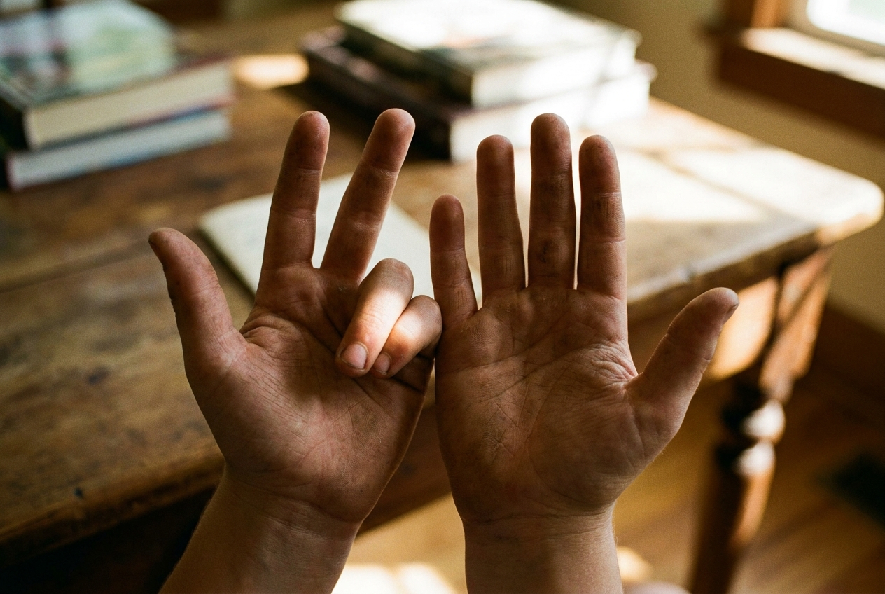 A close-up, dramatic photograph captures a child's hands performing the 9 times table finger trick, with one finger gently bent down, illustrating the mathematical pattern. The focus is sharp on the hands against a softly blurred, warm background, composed for a 3:2 landscape frame.