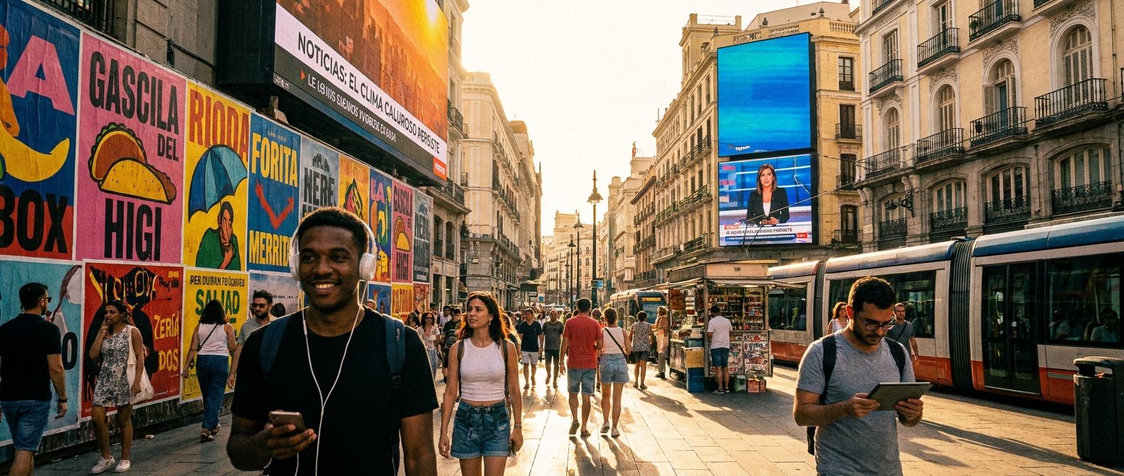 A bustling, sun-drenched street in a vibrant Spanish-speaking city. Pedestrians walk past large, colorful advertising posters and digital screens displaying news headlines. One person wears headphones, engrossed in a podcast on their phone, while others scan news on tablets, creating a dynamic scene of modern media consumption and public information flow. Dramatic wide-angle photograph.