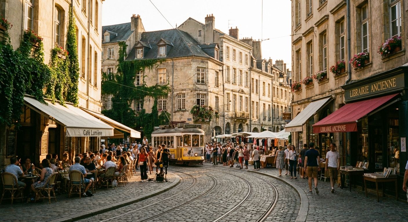 This is a wide shot of a bustling European street scene, bathed in warm, natural light. The style is reminiscent of a travel photograph, with a focus on capturing the atmosphere of the location. The colors are predominantly warm tones – ochre, beige, and various shades of brown dominate the architecture. The street curves slightly, drawing the eye into the scene. Cobblestones form the road, with tram tracks running along it. 

People fill the street, some dining at a café on the left, others browsing a market in the background, and some walking along a sidewalk to the right, with shops. A yellow tram is in the middle of the street, with the name "Bazinelle" on the front. The buildings are old and ornate, covered in ivy in some spots. The image exudes a sense of history and charm.