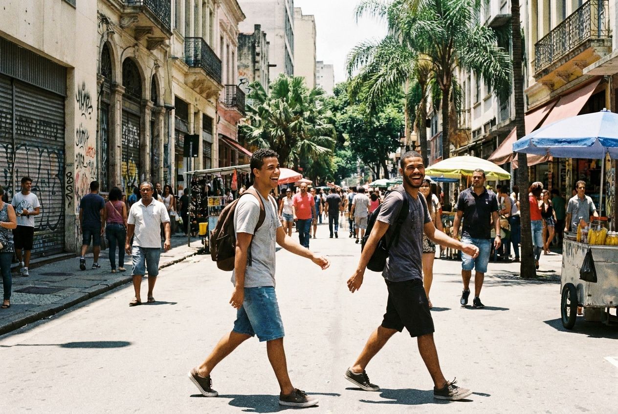 A candid photograph of two young Brazilian men walking perfectly in sync, side-by-side, down a vibrant, sunlit street in São Paulo, their steps and body language mirroring each other. The bustling street scene captures a dynamic moment of equality and shared experience, composed for a 3:2 landscape frame.