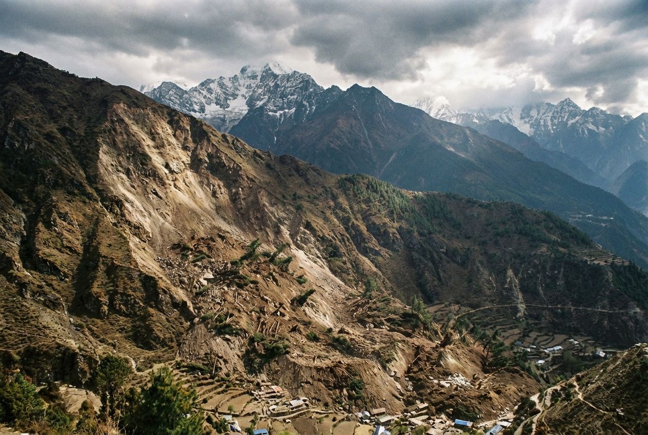 A dramatic wide-angle photograph of a massive, recent landslide scar on a steep, rugged Himalayan mountainside in Nepal, viewed from a high vantage point. The raw power of nature is evident in the churned earth and displaced trees, contrasting with the vast, majestic mountain range in the background. Overcast but dramatic lighting, composed for a 3:2 landscape frame.