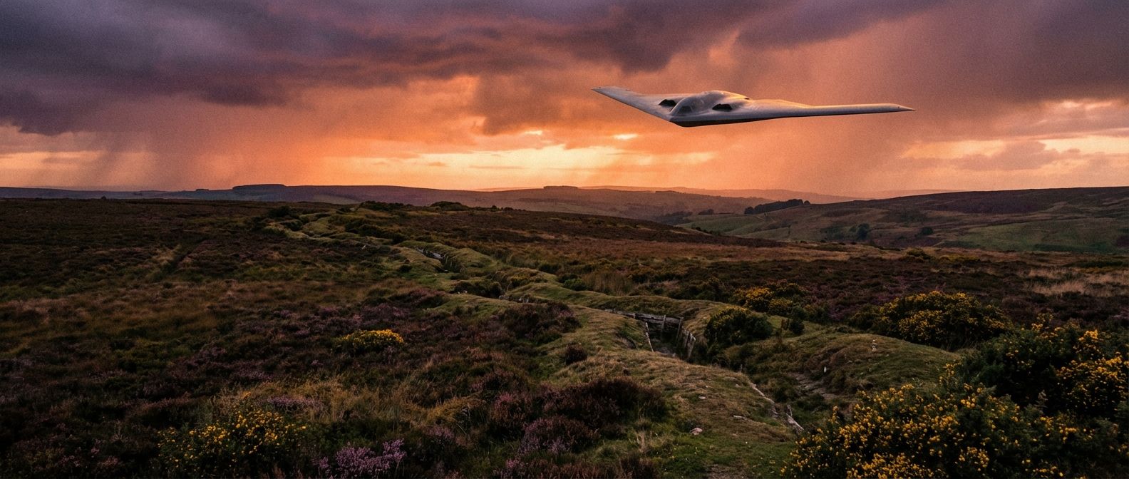 A wide, dramatic photograph of a windswept, subtly scarred British countryside, with faint, ancient trench lines visible across rolling hills. In the vast sky above, a sleek, modern military drone flies silently, its advanced form contrasting with the historical landscape below, captured with atmospheric light.