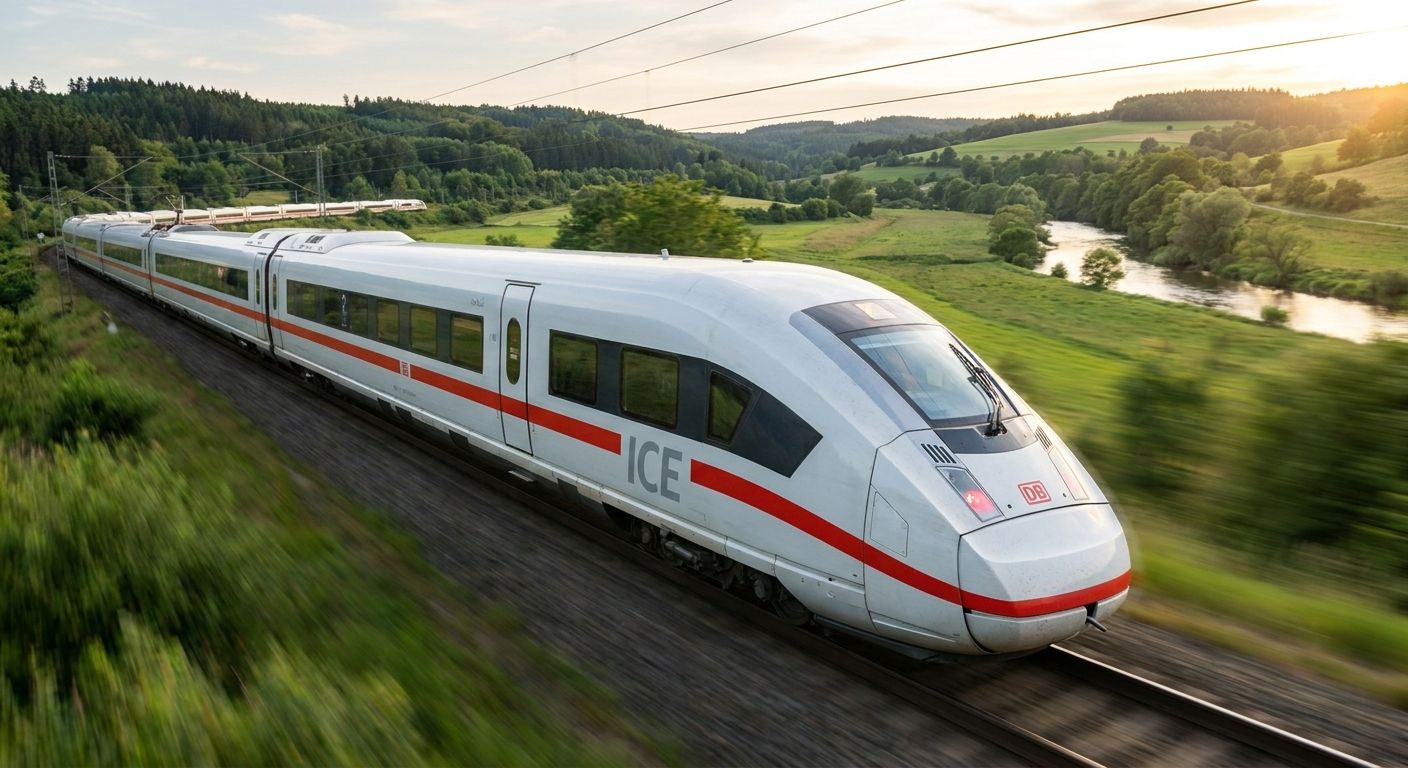 A sleek, modern German ICE high-speed train speeds dynamically through a vibrant, green German landscape, with the camera focusing on the very last carriage. The vivid photograph emphasizes the train's length and the final car's prominent position at the end.