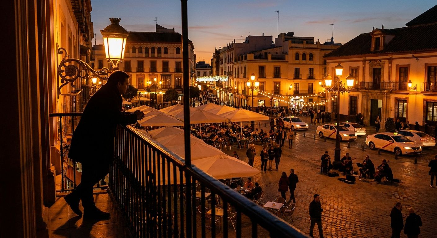 A solitary figure stands on a wrought-iron balcony, gazing out over a bustling Spanish city plaza at twilight. The scene is bathed in the warm, golden glow of old streetlights and lively café activity, evoking a profound sense of connection, wonder, and contemplation. This dramatic photograph captures the rich tapestry of human emotions and interests against a backdrop of vibrant Spanish culture.