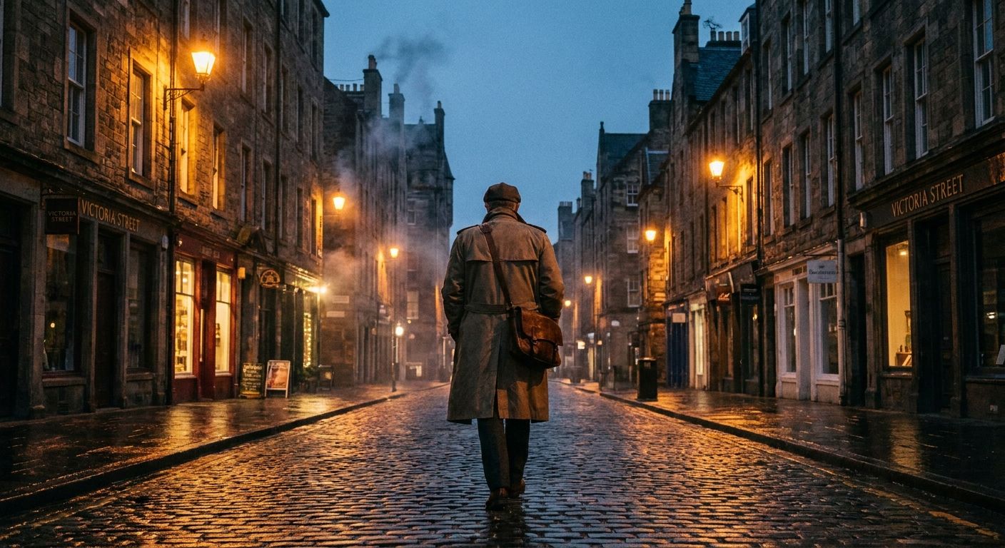 A dramatic photograph of a person walking away down a historic, cobblestone street in Edinburgh's Old Town at dusk, with the warm glow of streetlights illuminating the ancient buildings, conveying a sense of reflection on the day's completed activities.