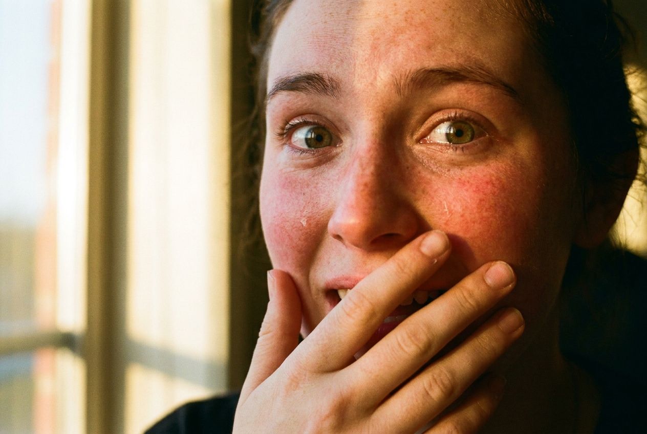 A dramatic, close-up photograph of a person's face, caught in a moment of intense emotional reaction, perhaps a sudden blush spreading across their cheeks as their eyes widen with surprise and a hint of a smile. The warm, natural light accentuates their expressive features, composed for a 3:2 landscape frame.
