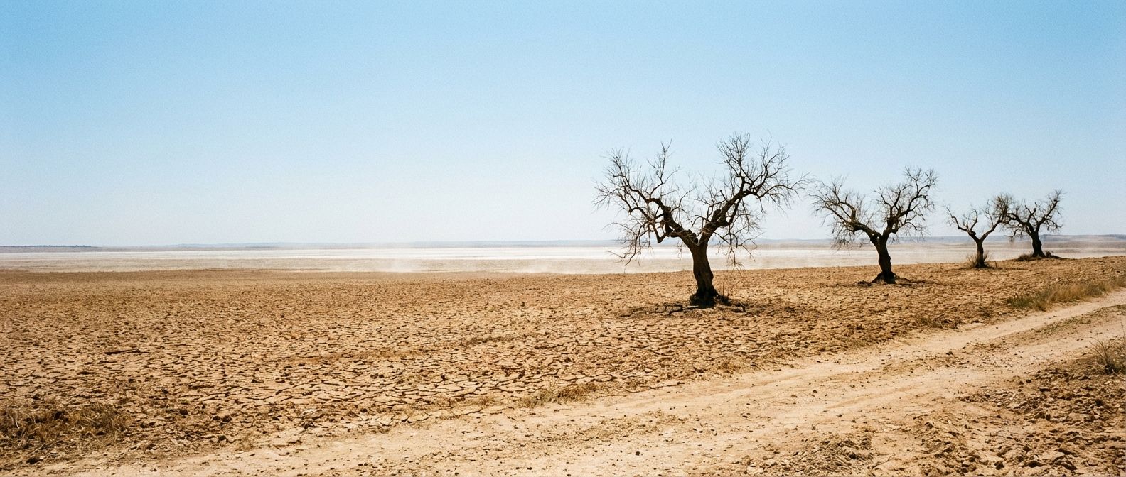 A wide, dramatic photograph of a parched, cracked earth landscape stretching towards the horizon in a rural Spanish region, with a few struggling, dry olive trees silhouetted against a harsh, clear sky. The scene conveys intense heat and drought.